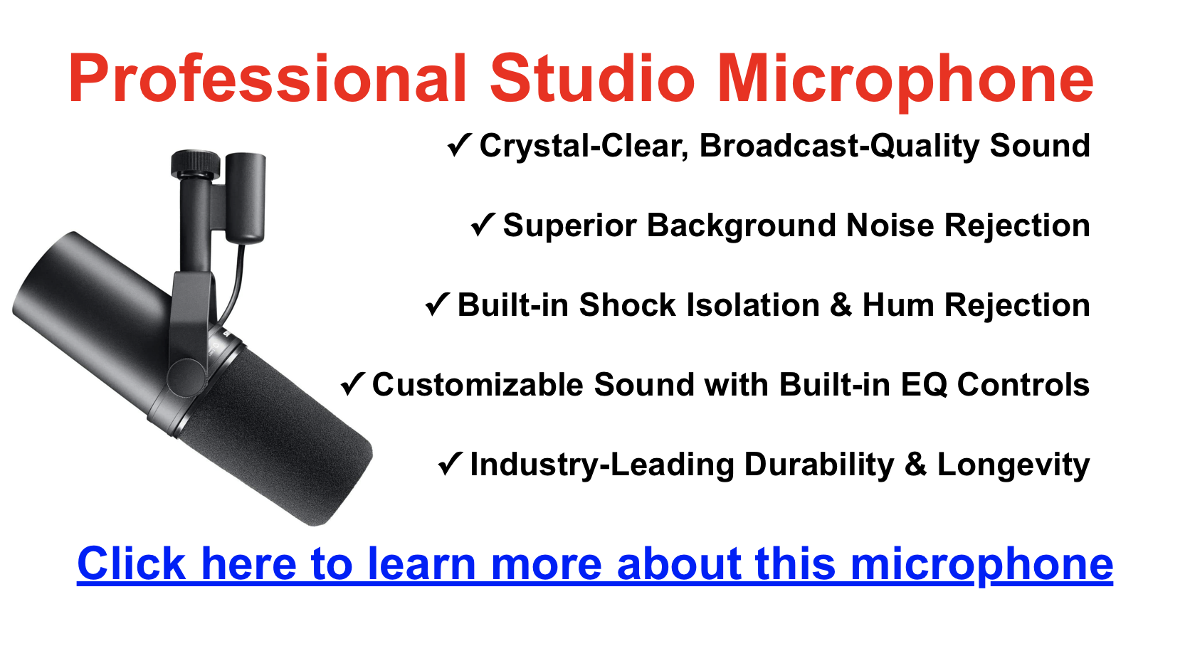 Close-up of the Shure SM7B studio microphone in a professional setup.