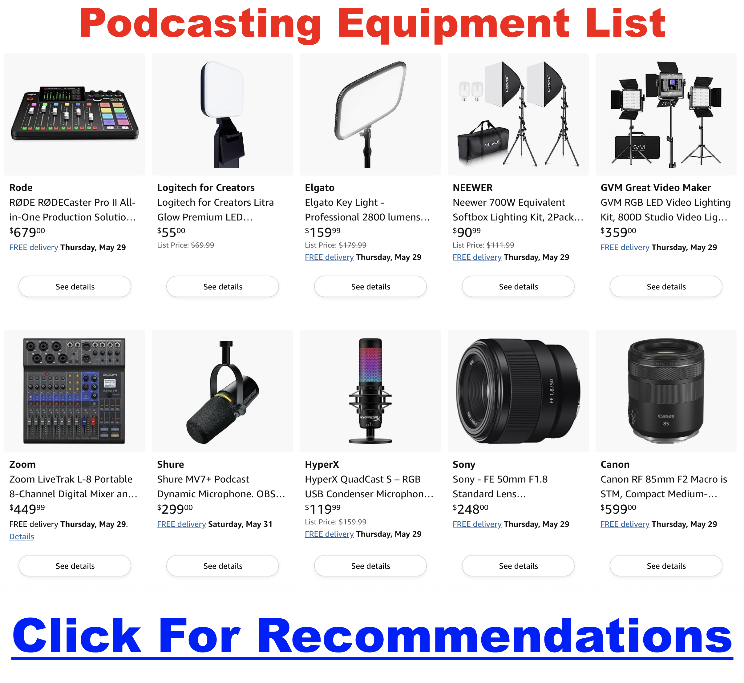 A collage of high-quality podcasting equipment including microphones, headphones, and audio interfaces.